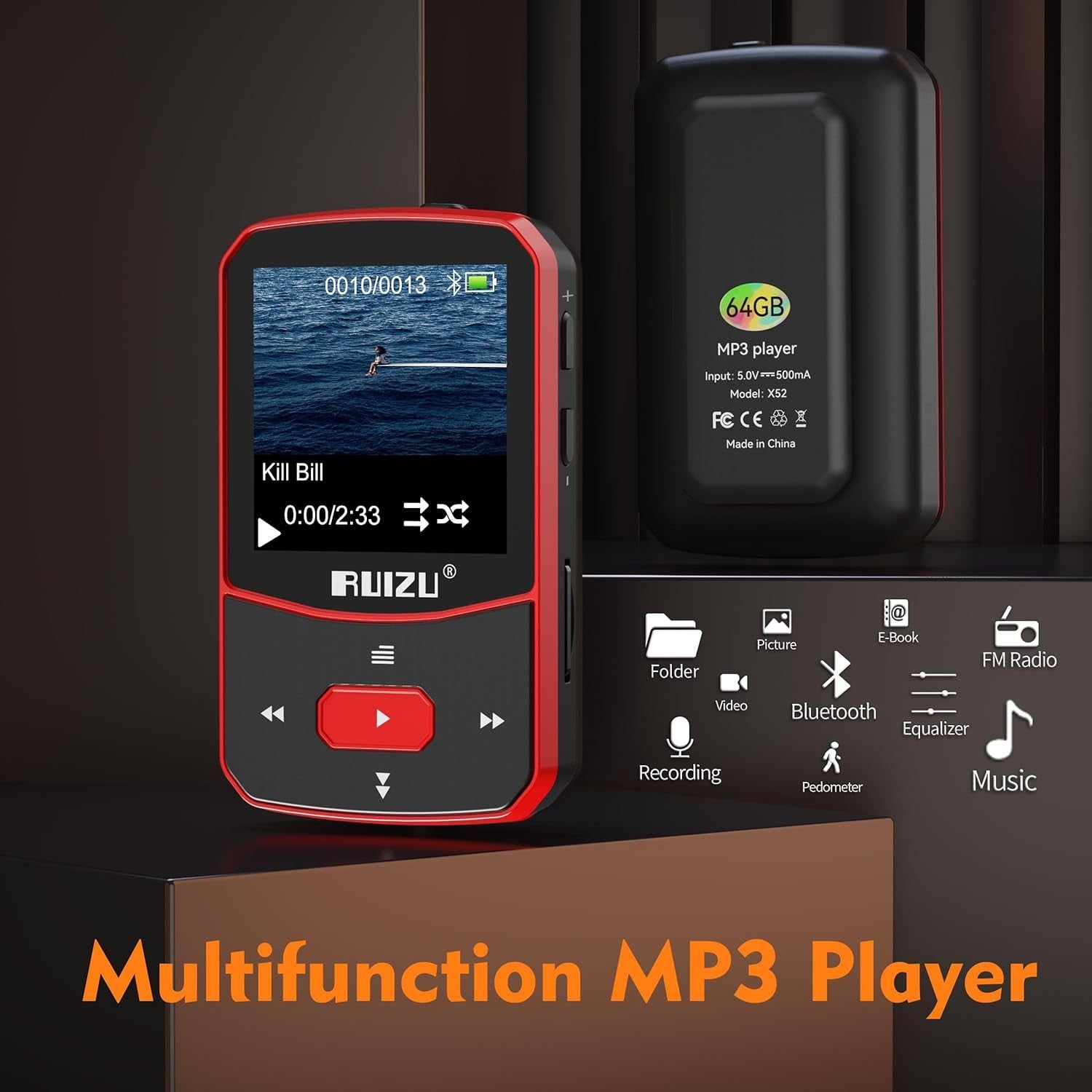 64GB Bluetooth 5.3 Clip MP3 Player FM Radio Pedometer