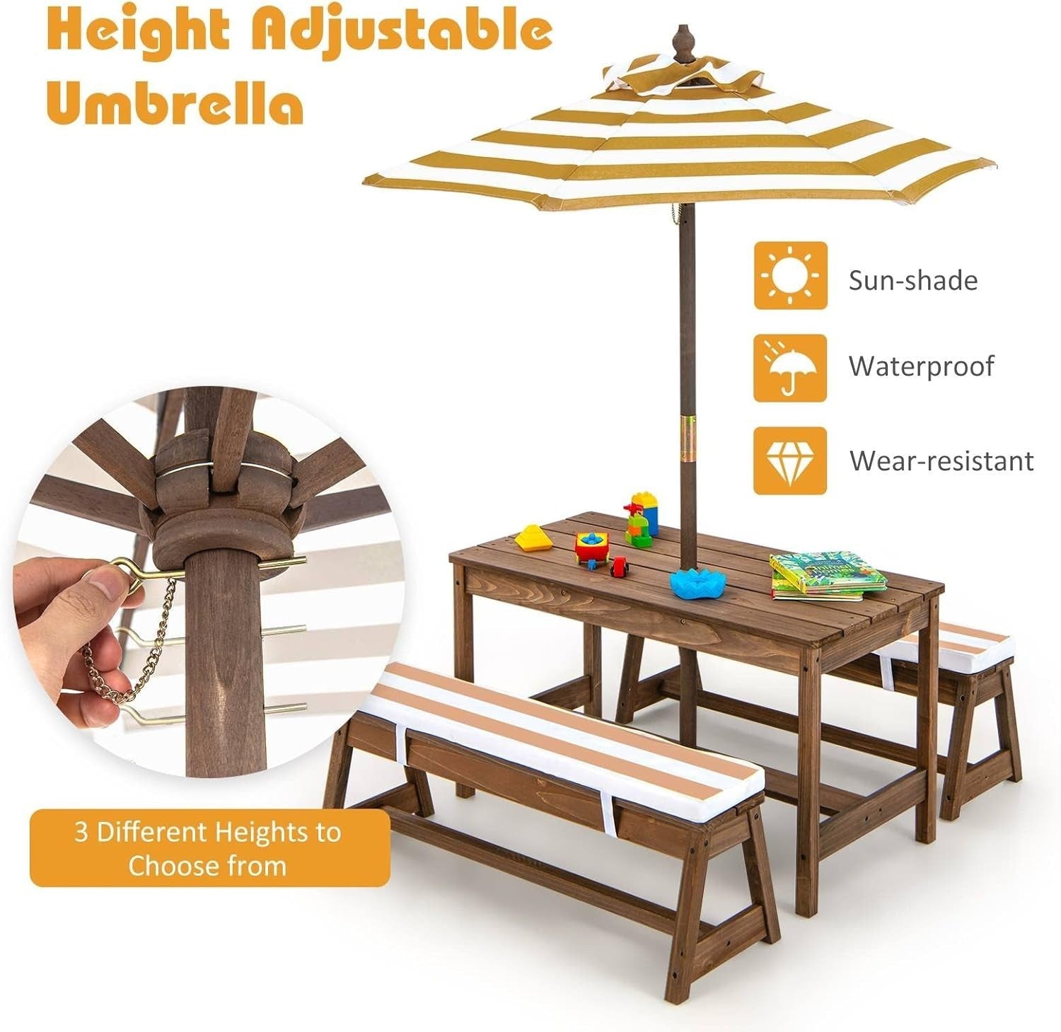 Kids Wooden Picnic Table Bench Set w/ Umbrella & Cushions Outdoor Indoor