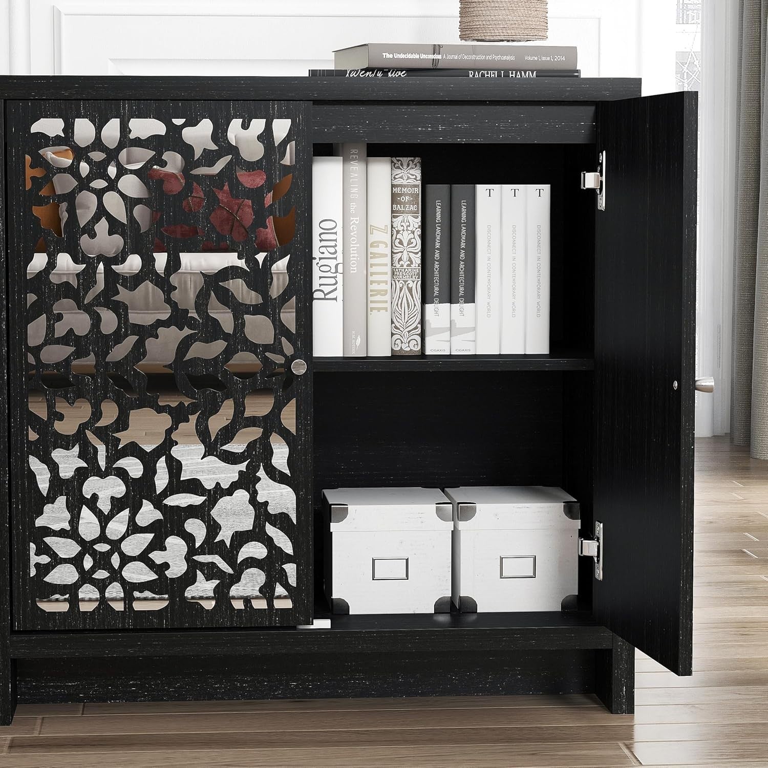 Modern Black Oak Sideboard with Mirror Laser Cut Doors Adjustable Shelf