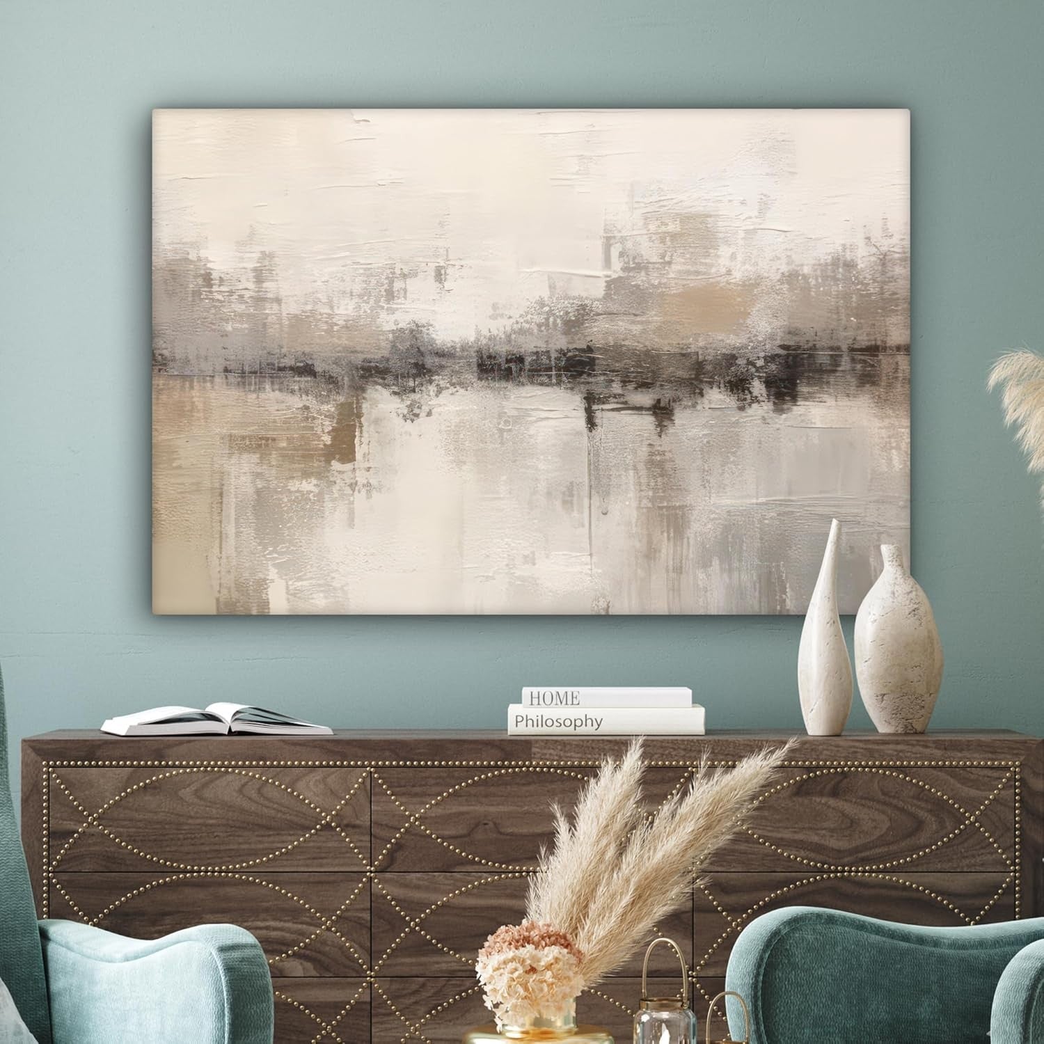 Large Abstract Canvas Wall Art 120x80cm Modern Beige Painting Living Room