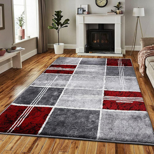 Soft Thick Pile Area Rug 6x9 Modern Red Grey Large Living Room Carpet