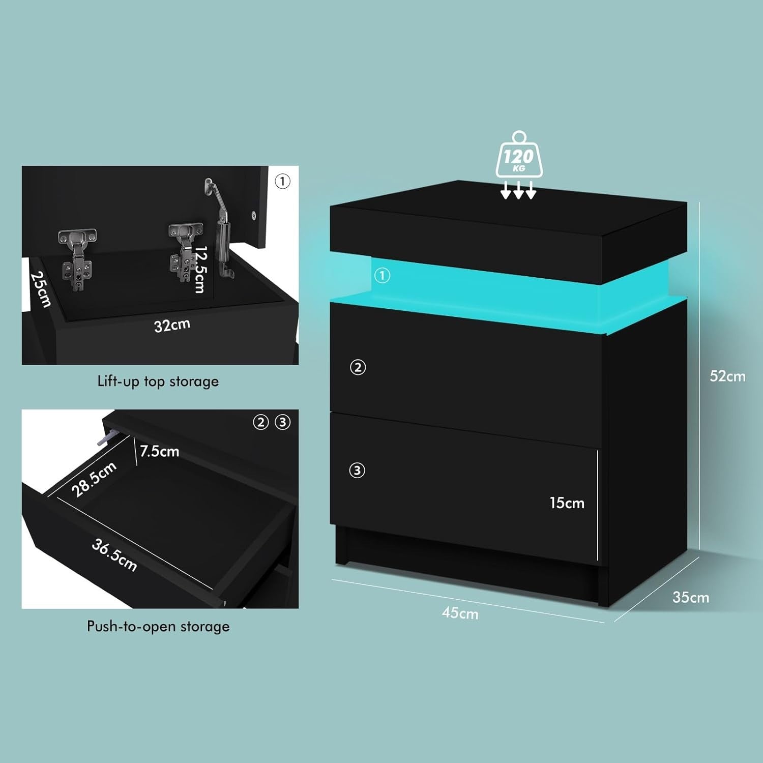 LED Bedside Table with 2 Drawers & RGB Lights | Modern Black