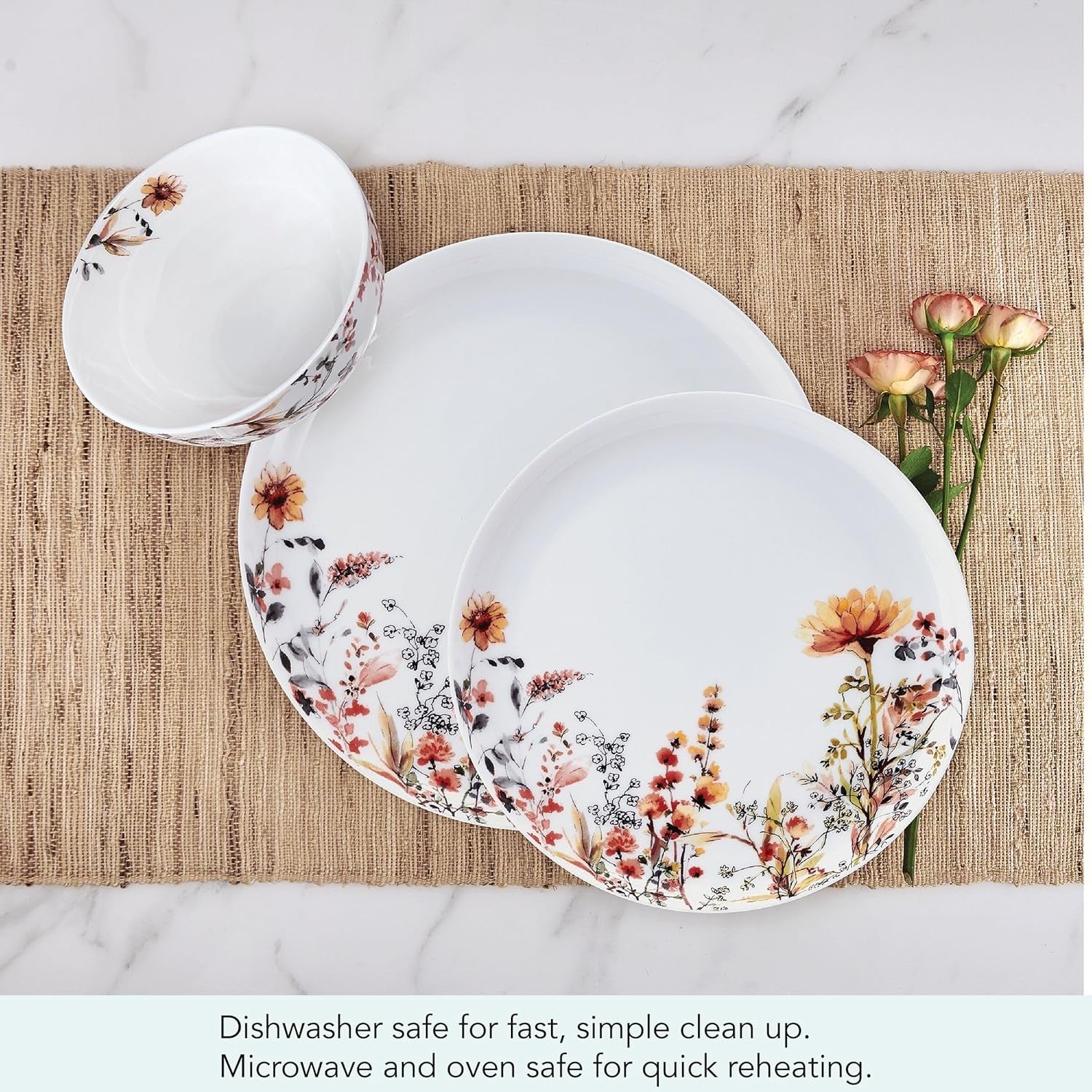 12pc Floral Bone China Dinnerware Set Lightweight Chip Resistant Plates Bowls