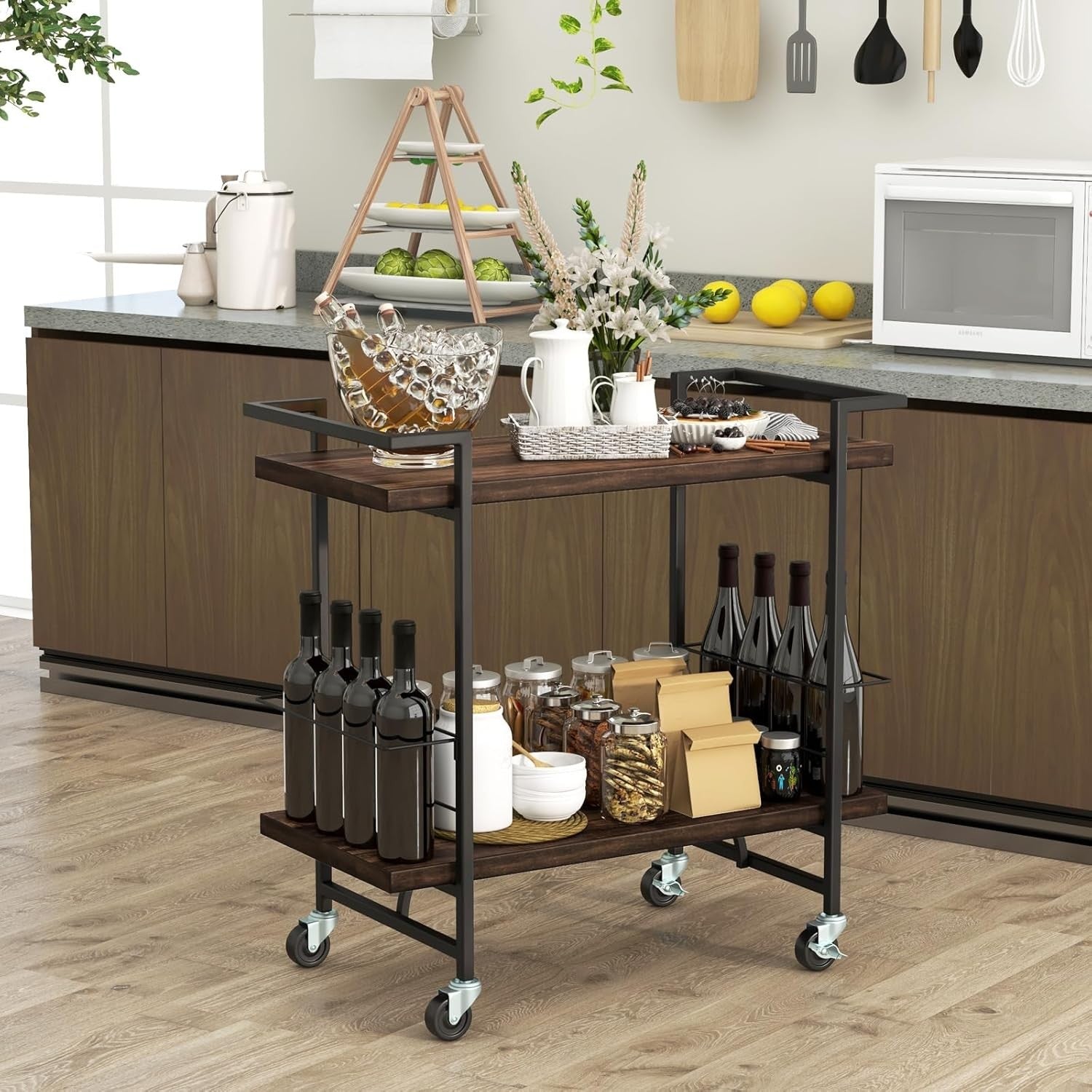 Kitchen Serving Cart on Wheels 2 Tier Bar Trolley Lockable Castors