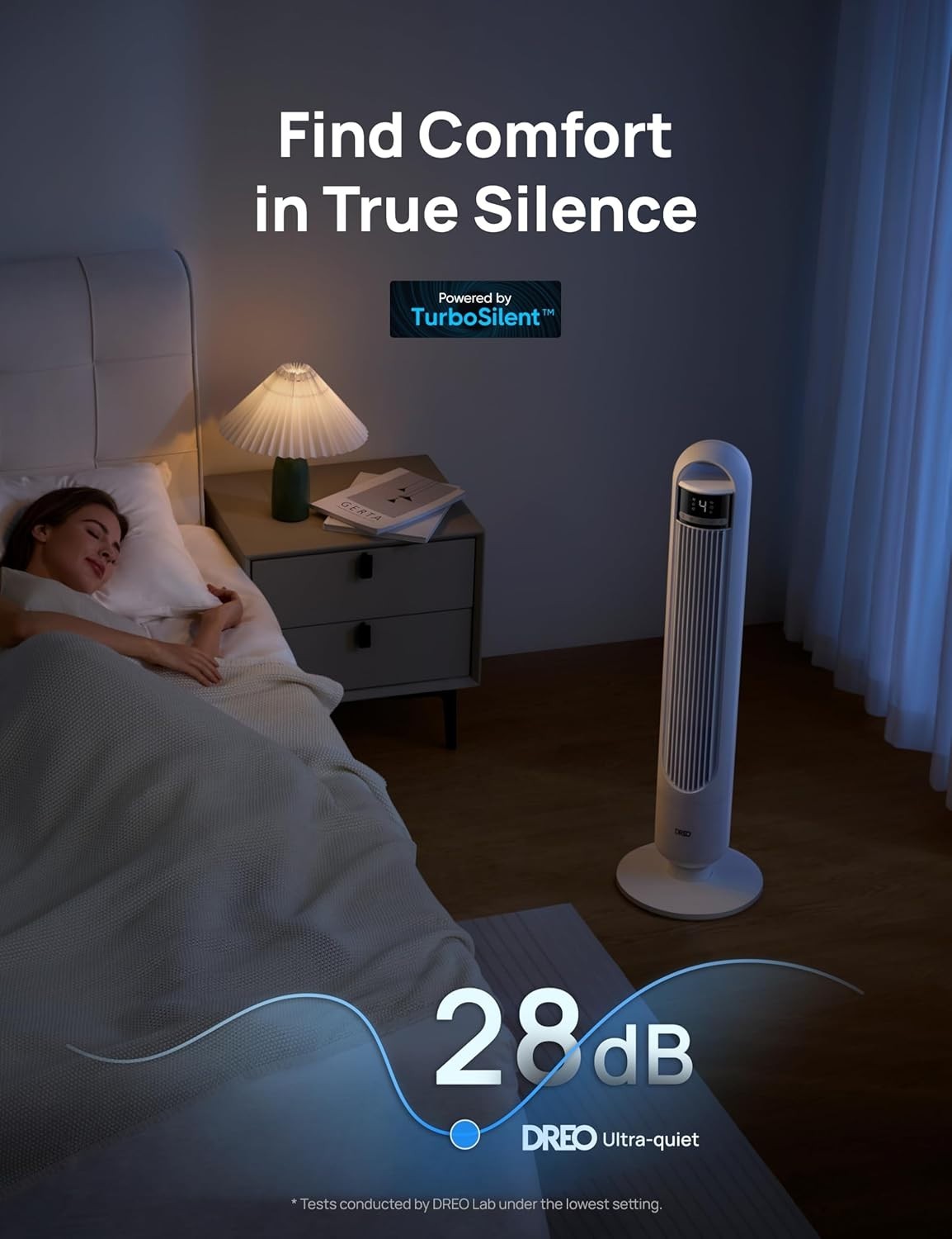 White 25ft Tower Fan Silent 28dB 90° Oscillating LED Display Remote Timer 6Speed
