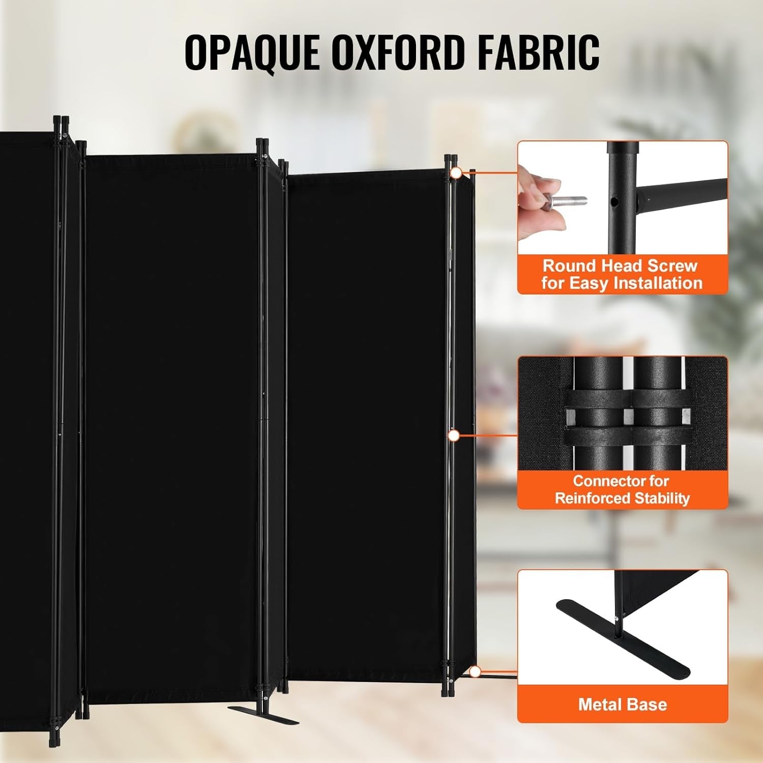 6 Panel Folding Room Divider Black Privacy Screen Freestanding 317x181cm