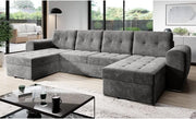 Grey U-Shaped Sofa Bed with Storage, Quilted Velour, 4-Seater, Modern