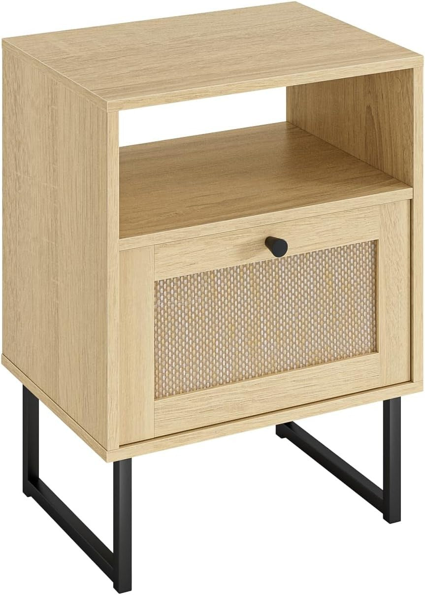 Natural Oak Rattan Bedside Table with Drawer Boho Nightstand Side Table