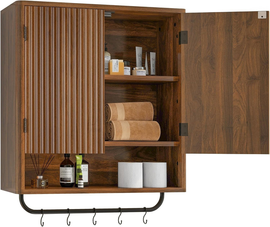 Deep Kitchen & Bathroom Wall Cabinet with Adjustable Shelves & Hooks, Walnut