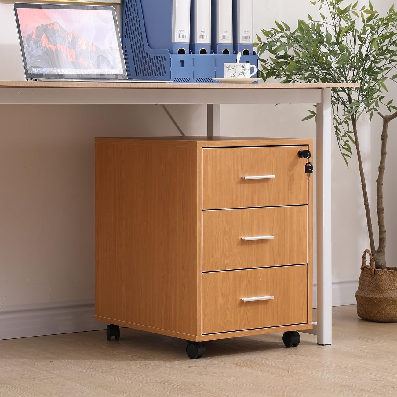 Walnut Mobile Filing Cabinet Lockable 3 Drawer A4 Under Desk Storage