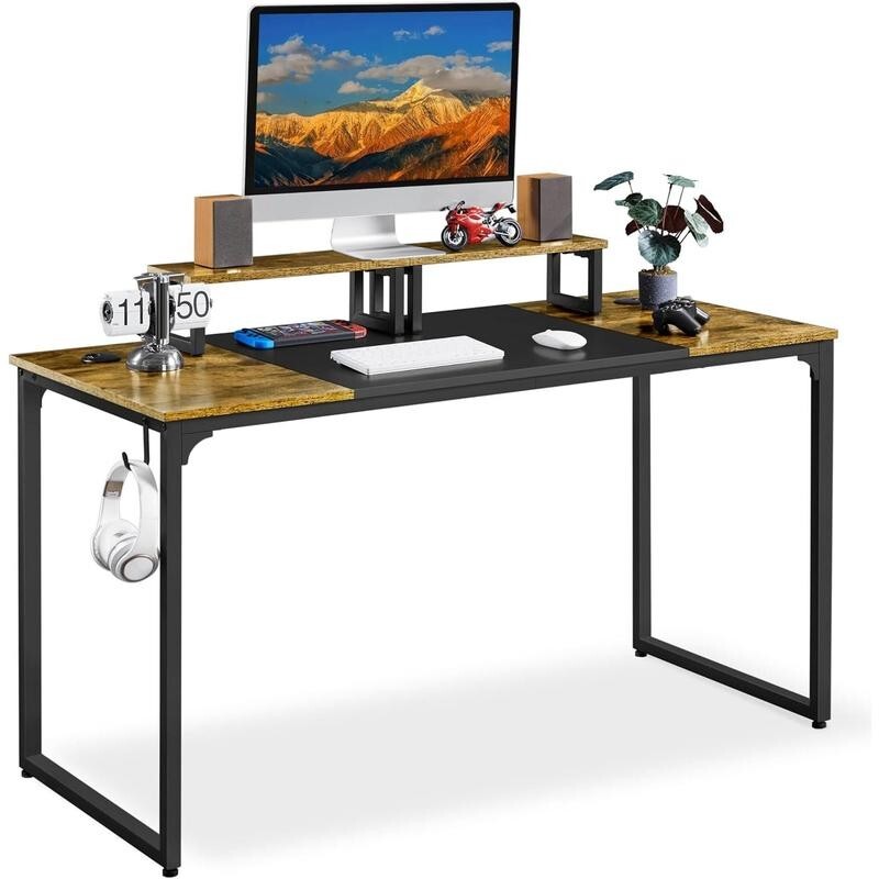 140cm Rustic Computer Desk with Monitor Stand, Cable Ports & Headset Hook