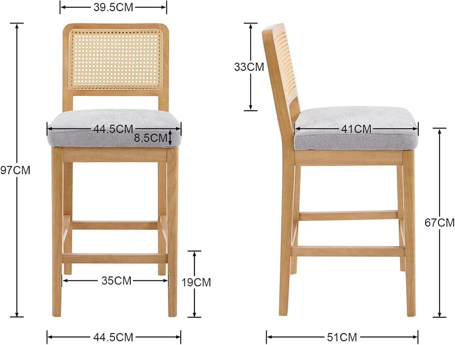 Grey Rattan Bar Stools Set of 2 Cushioned Counter Chairs Wooden Frame