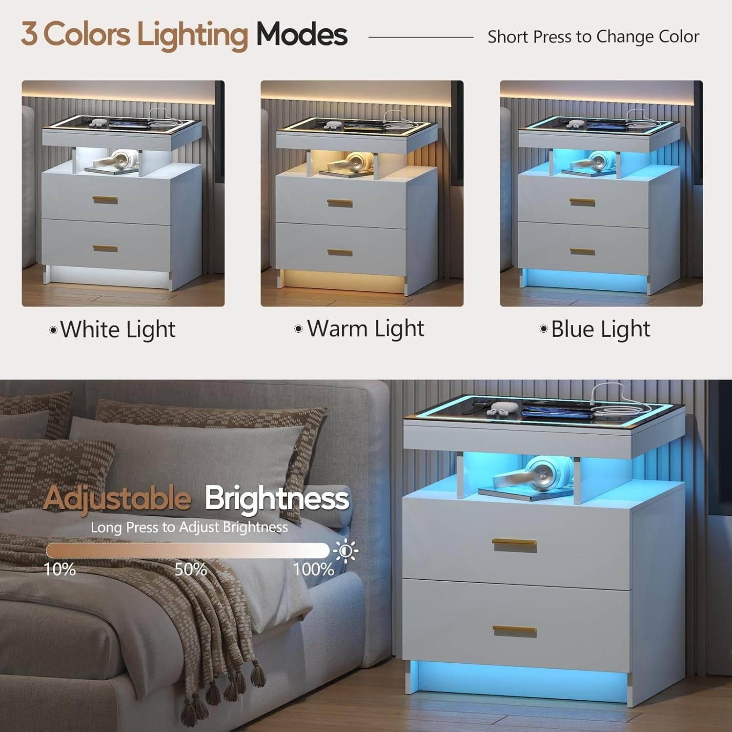 White LED Bedside Table with Wireless Charging, Glass Top & 2 Drawers Modern