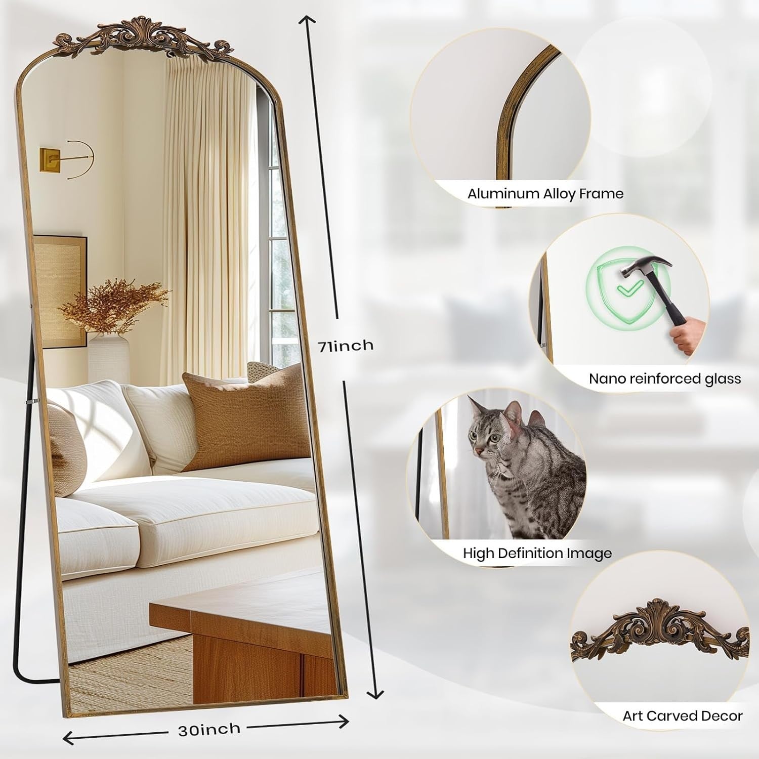 Large Arch Floor Mirror 180x76cm Ornate Bronze Full Body Leaning Wall