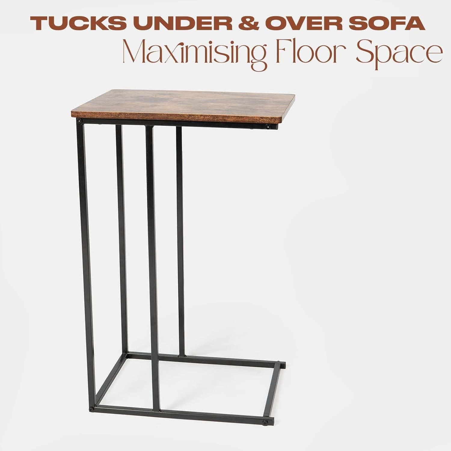 C-Shaped Dark Wood Sofa Side Table – Space-Saving End Table with Storage