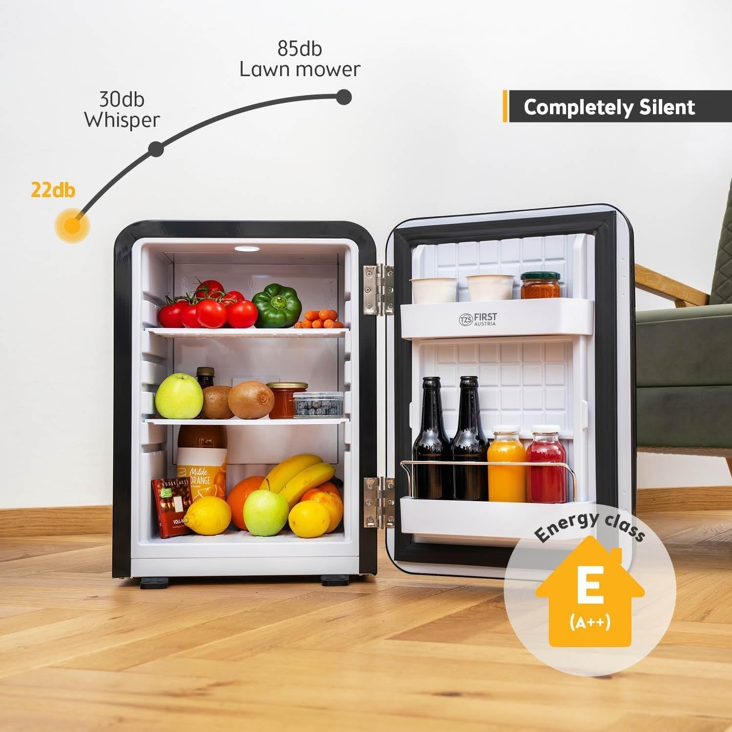 40L Retro Mini Fridge Silent Frost-Free LED Interior Freestanding Black