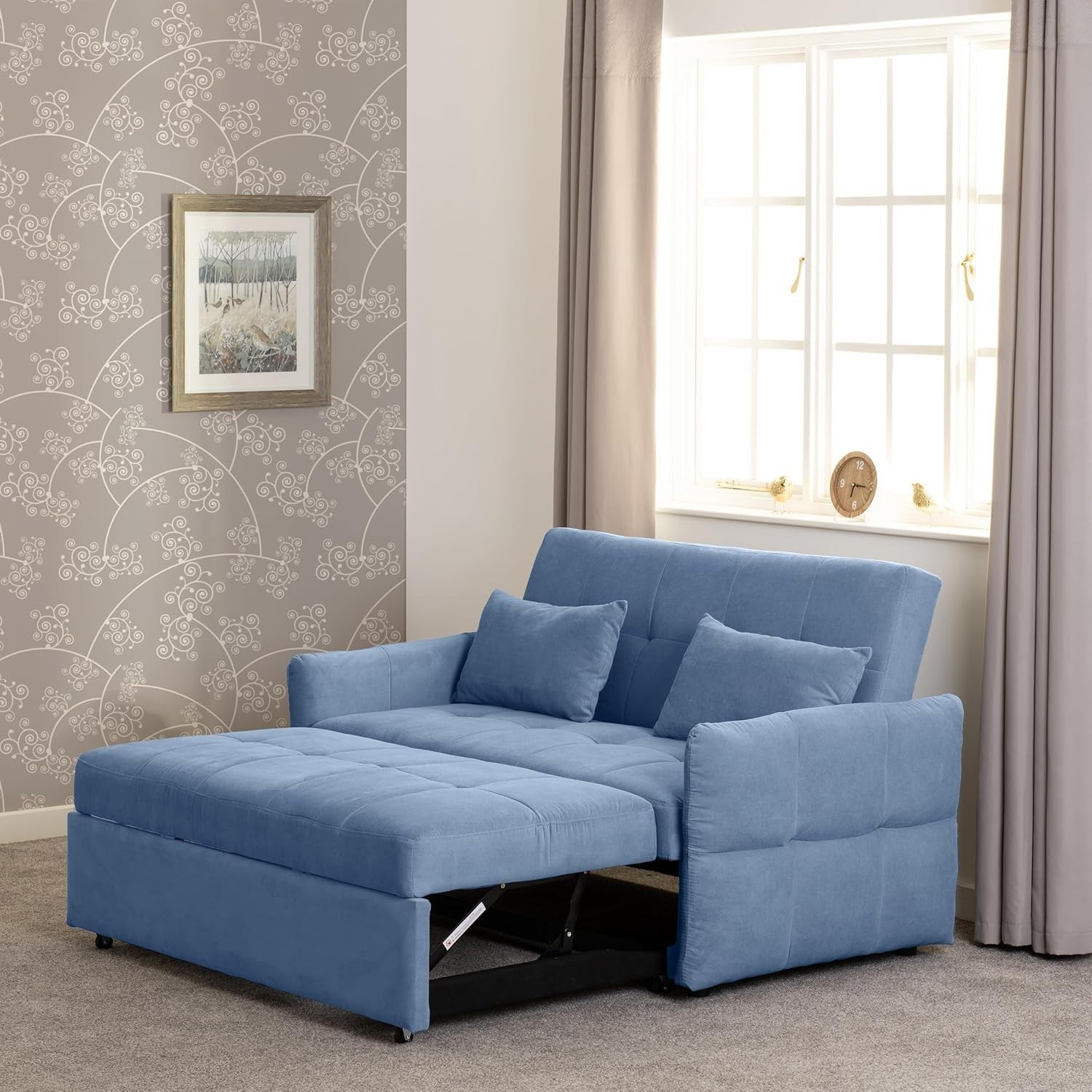2 Seater Blue Sofa Bed Pull Out Guest Bed Sleeper Couch for Small Spaces
