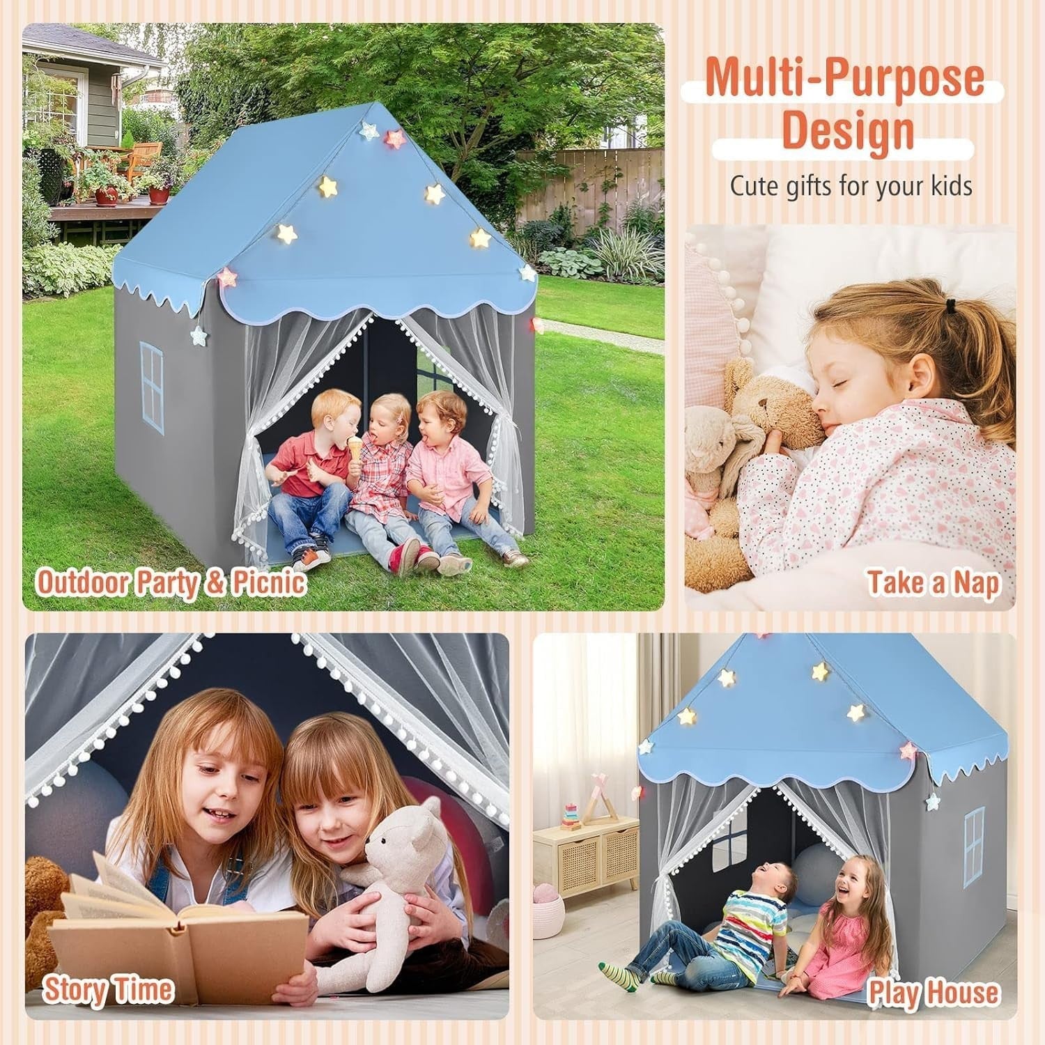 Blue Kids Castle Play Tent Indoor Outdoor w Lights Washable Mat