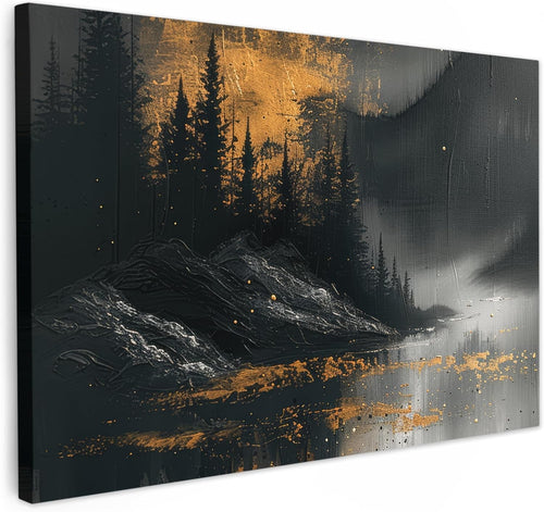 Large Forest Canvas Wall Art 120x80cm Black Gold Modern Nature Decor