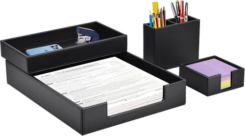 4-Piece Black PU Leather Desk Organiser Set, Pen Holder, Letter Tray