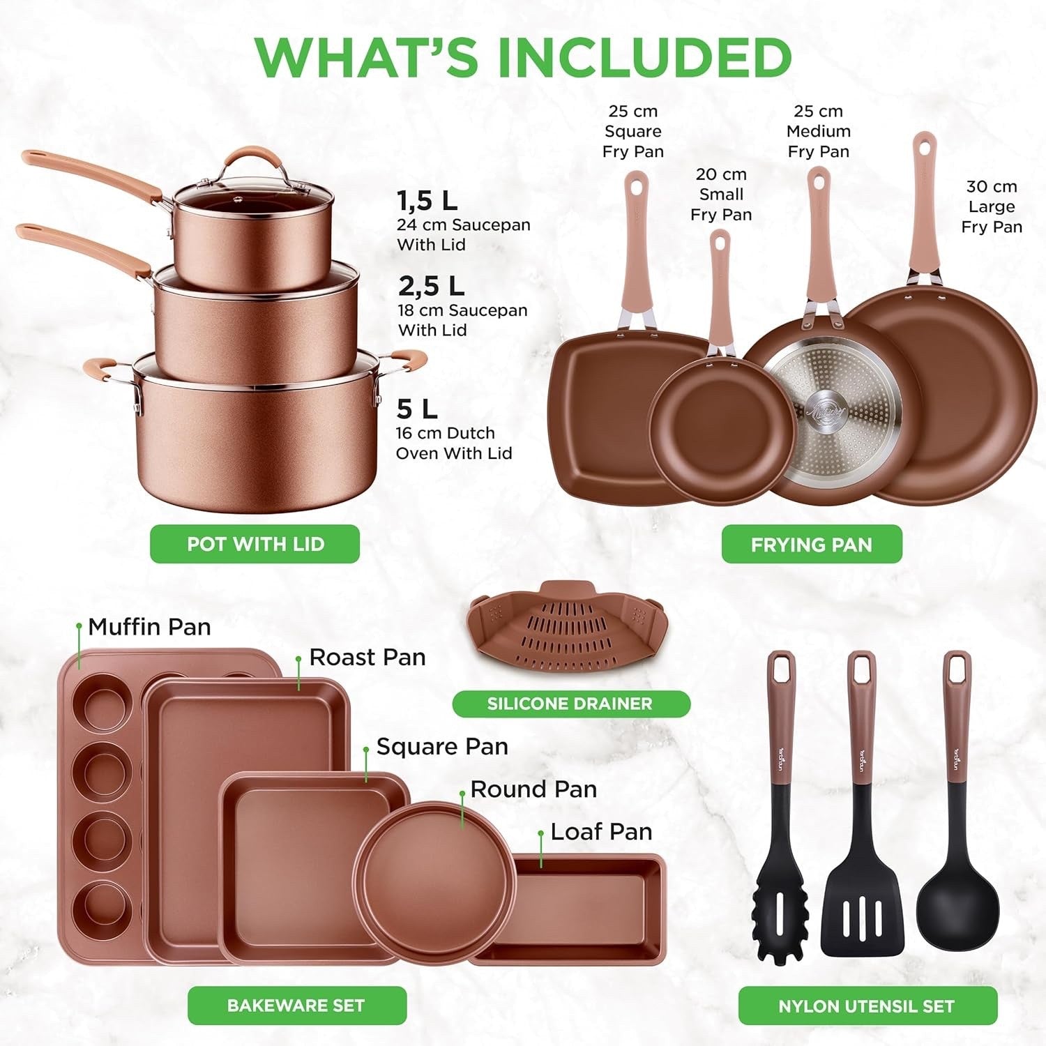 20pcs Gold Non Stick Cookware & Bakeware Set Induction Safe Pots Pans with Lids