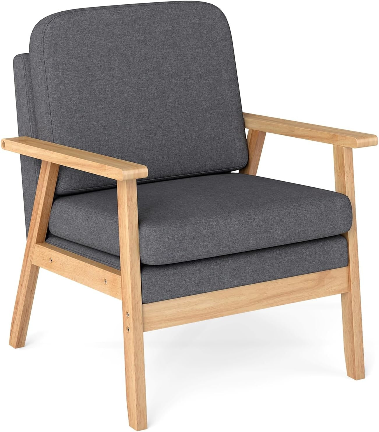 Grey Linen Accent Armchair Thick Cushion Wood Frame