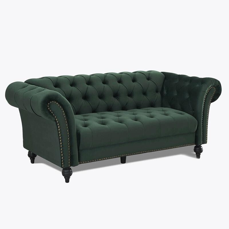 Green Velvet 3 Seater Sofa Chesterfield Style | Button Tufted Scroll Arms