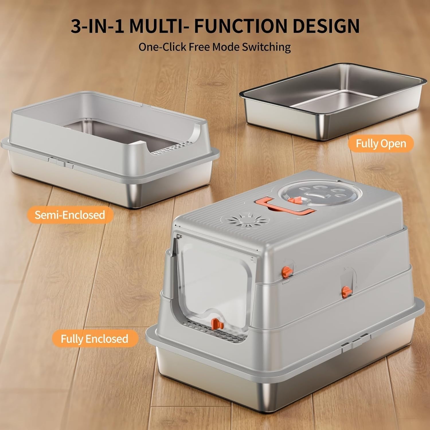 XL Stainless Steel Cat Litter Box Covered Leak Proof Odor Control Grey