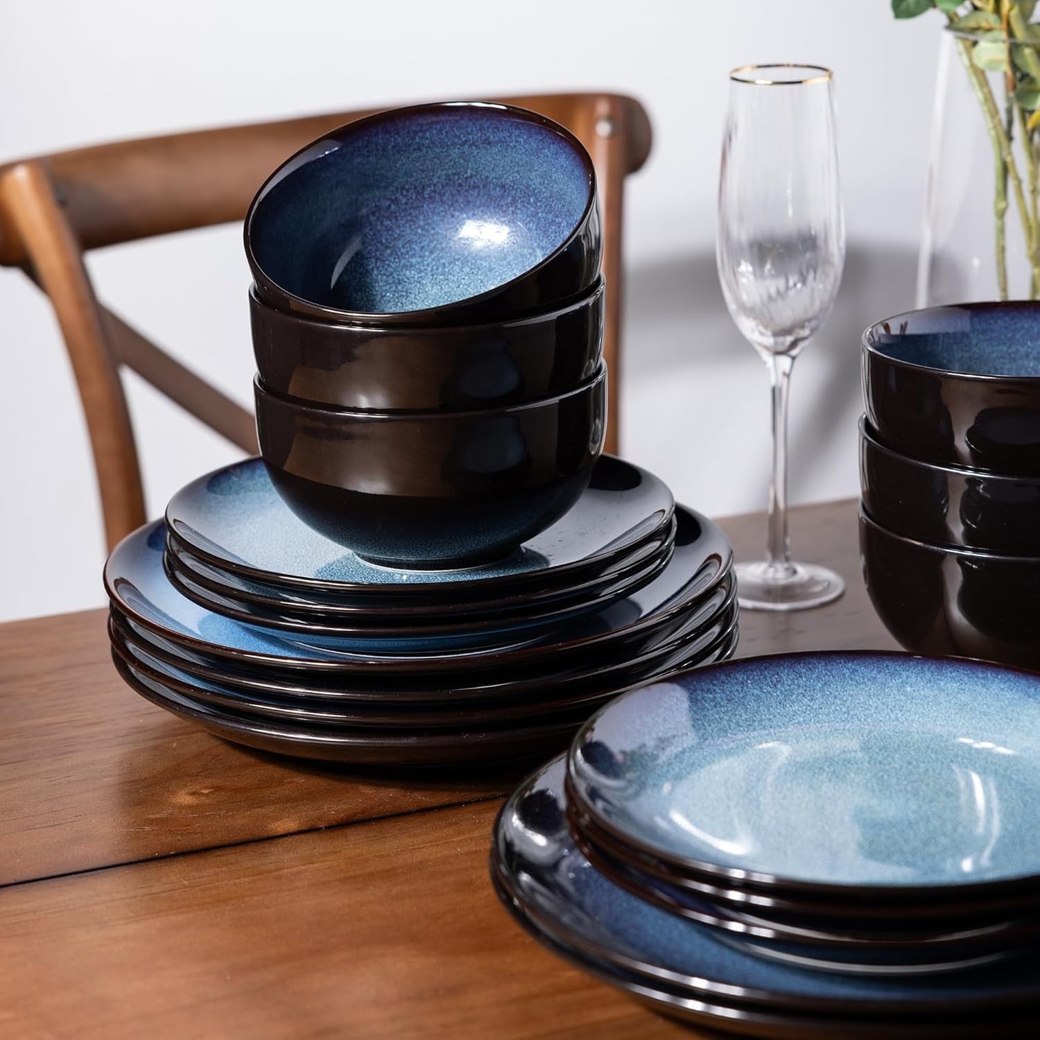 12 Piece Stoneware Dinner Set for 4 Blue Reactive Glaze Plates Bowls
