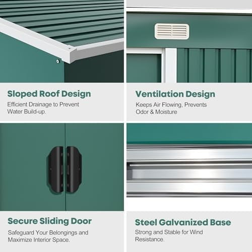 8x4FT Metal Garden Shed Lockable Tool Storage House Green