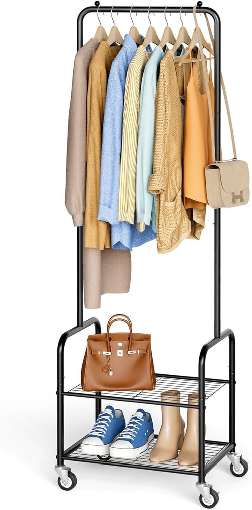 Small Clothes Rack with Shelves Rolling Metal Garment Rail Black