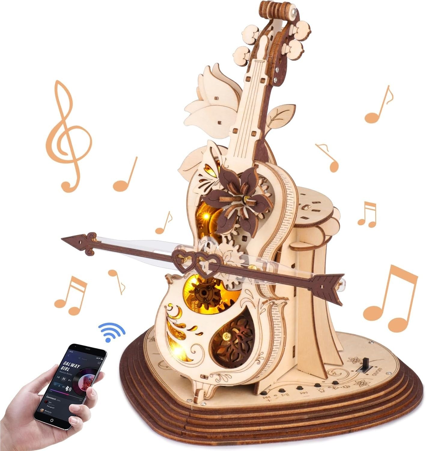 3D Wooden Cello Puzzle Music Box with Light & Bluetooth Sound – Gift