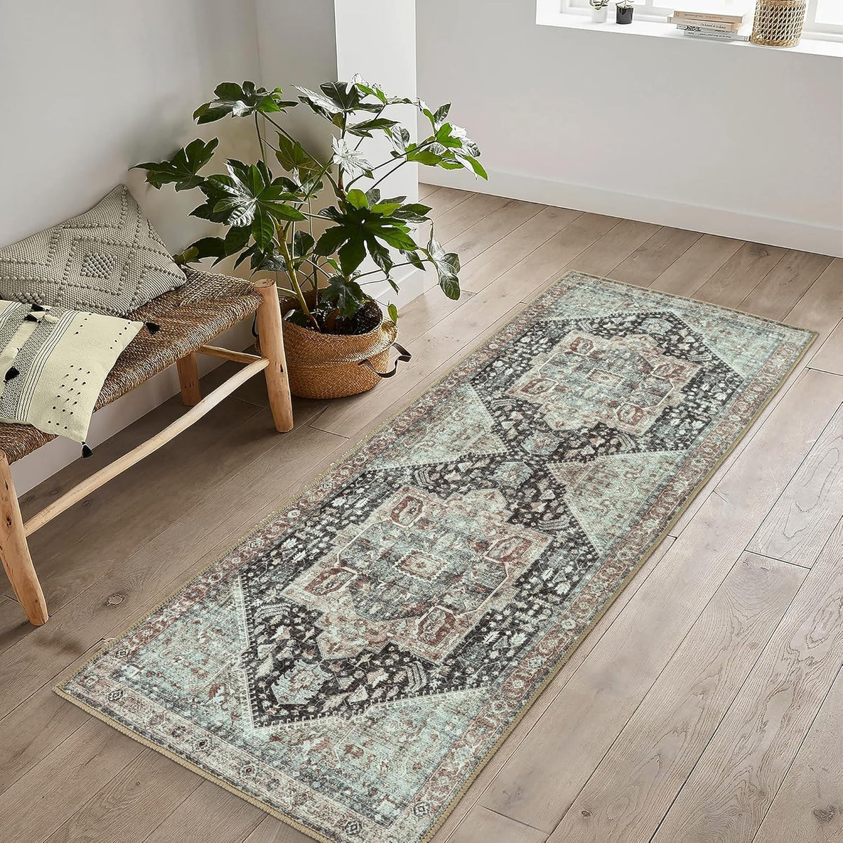 Washable Runner Rug 60x180cm Non-Slip Short Pile Charcoal Light Sienna Hallway