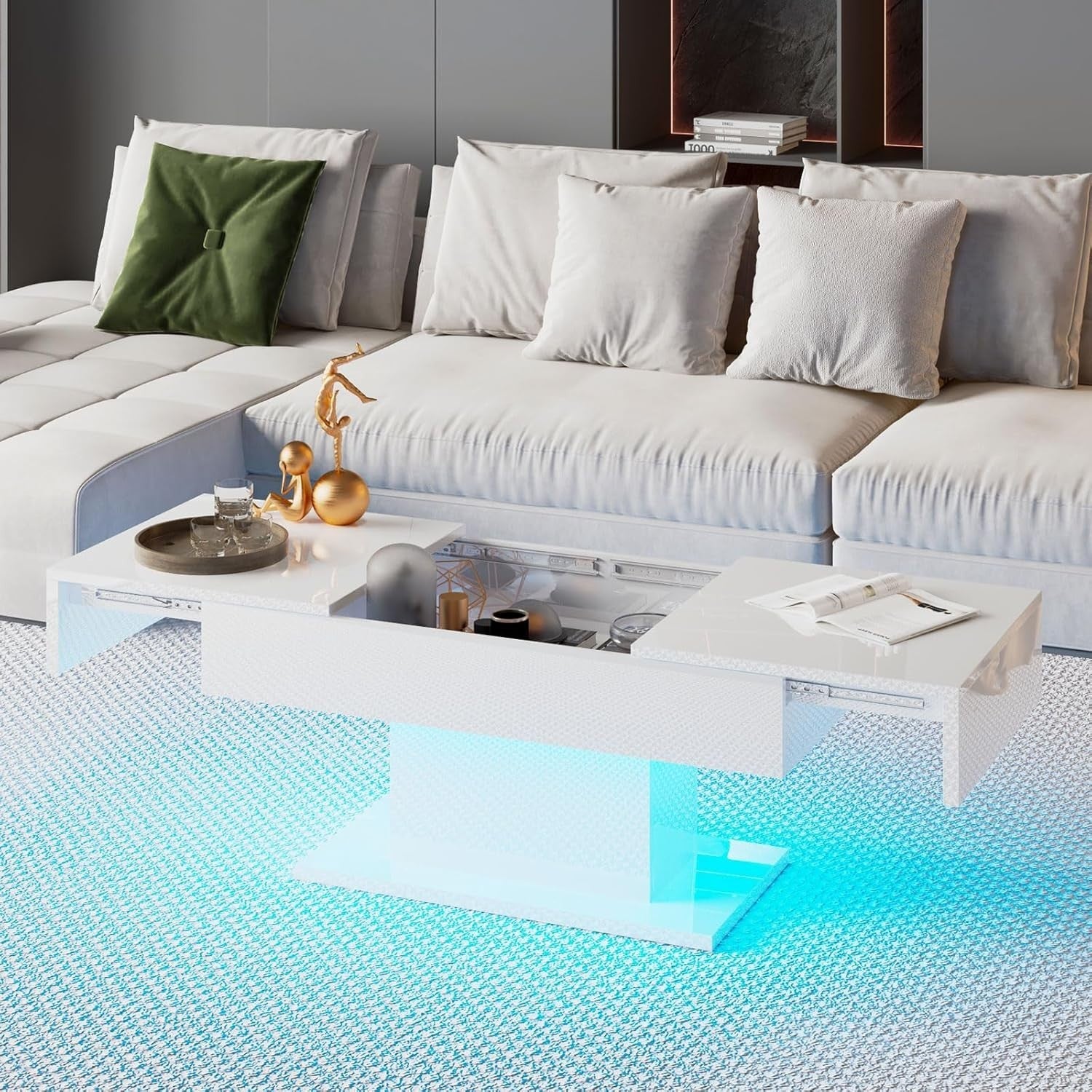 Modern White Coffee Table with Hidden Storage, Sliding Drawers & LED Lights