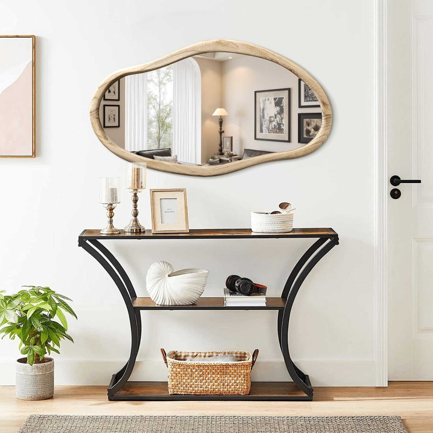 Irregular Wood Wall Mirror 85x55cm Asymmetrical Modern Bathroom Decor