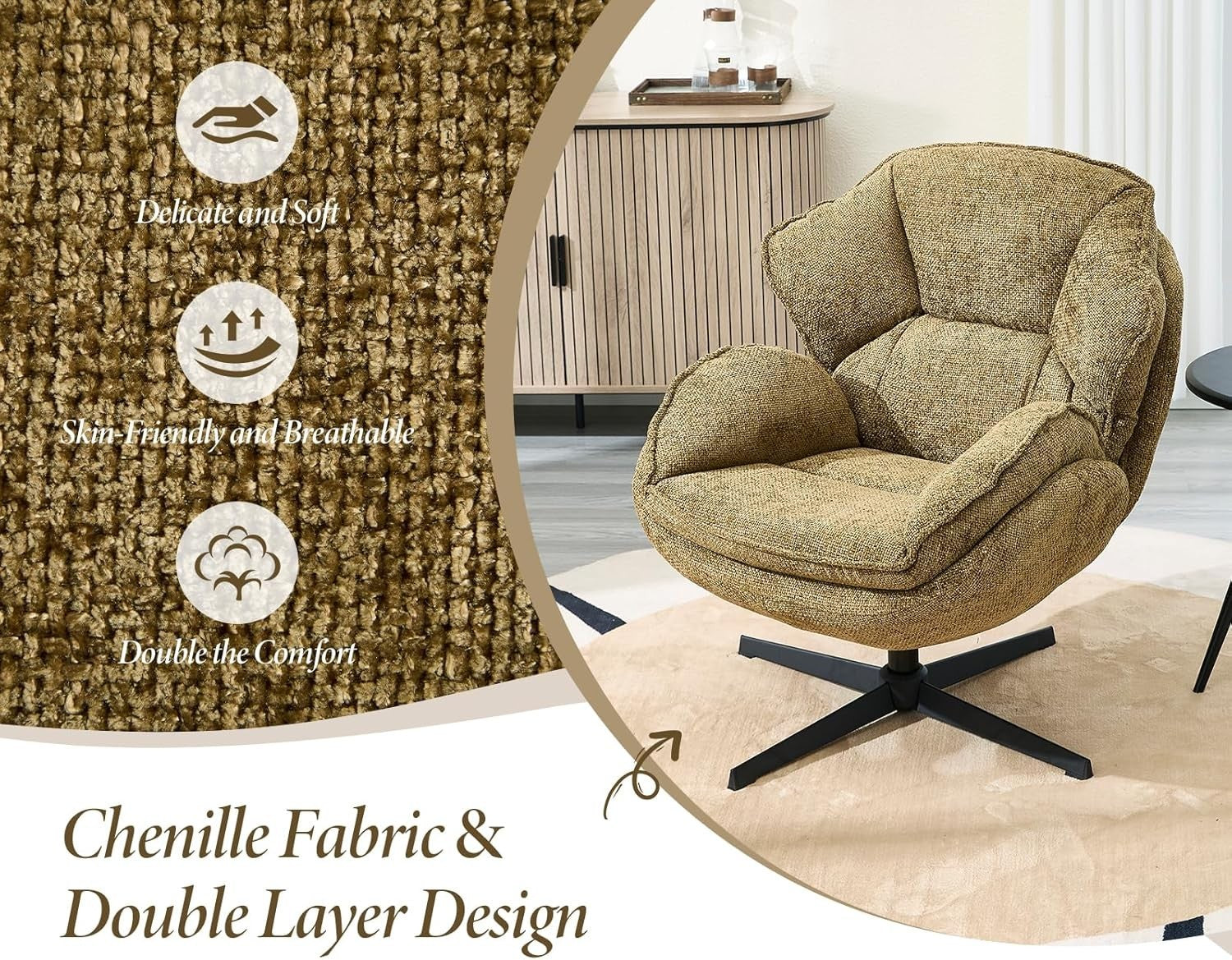Swivel Lounge Chair Yellow Chenille Armchair 360° Comfy Reading Seat