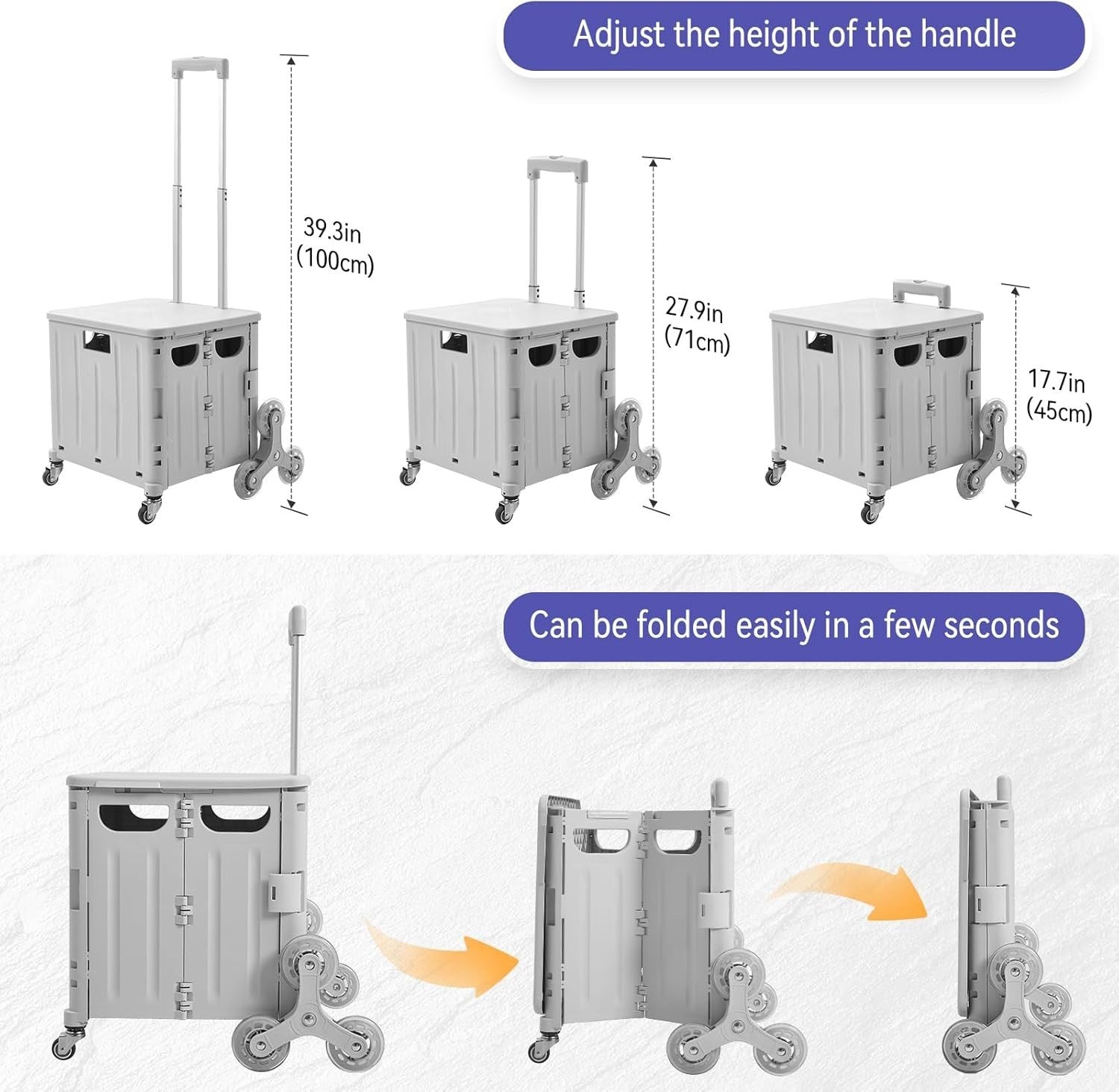 65L Stair Climber Shopping Trolley 8 Wheels Foldable Cart with Lid Grey