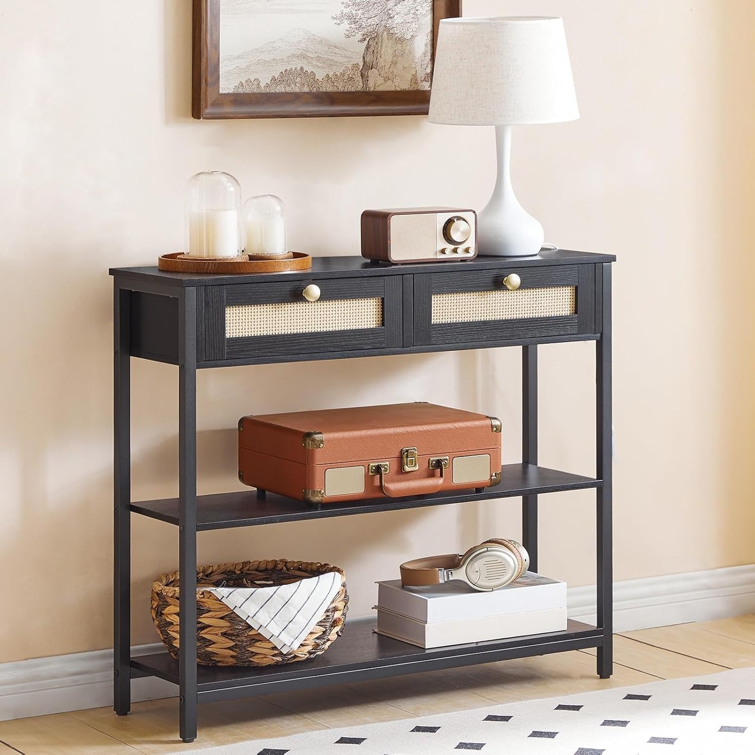 Black Rattan Console Table with Drawers & Shelves, Narrow Hallway Storage
