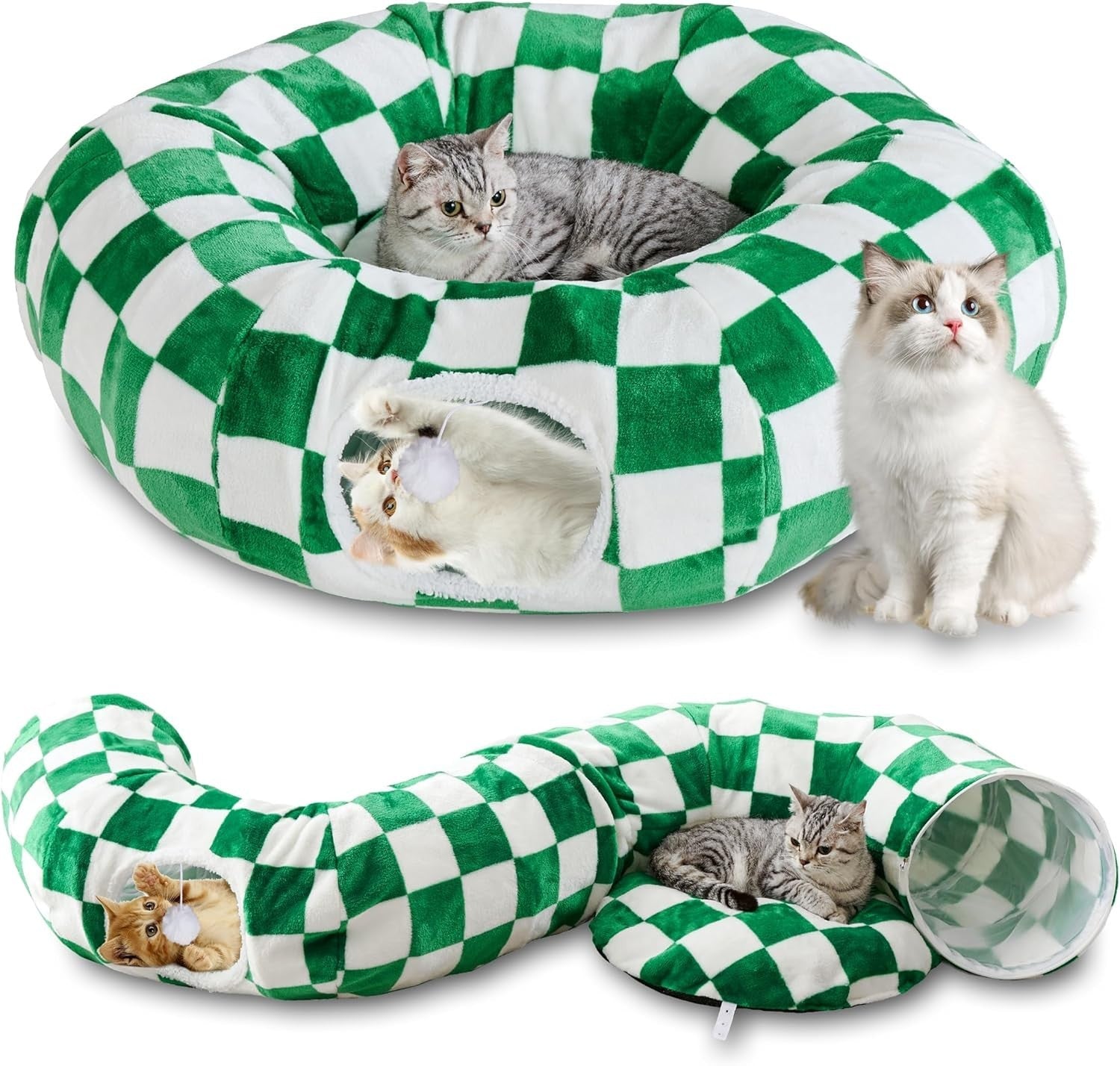 Checkered Cat Donut Tunnel Bed Peekaboo Cave w Cushion & Ball Toy
