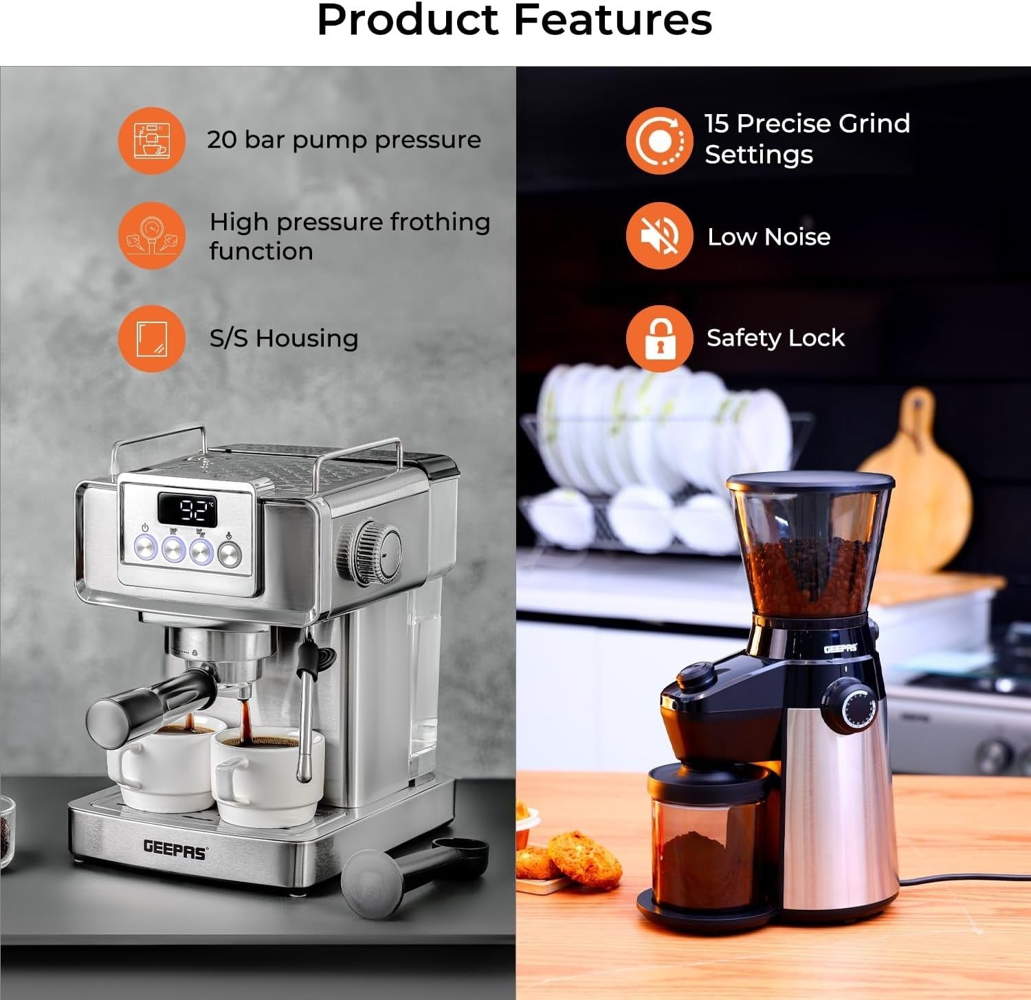 1465W Espresso Machine & Burr Coffee Grinder Set | 20-Bar Pressure