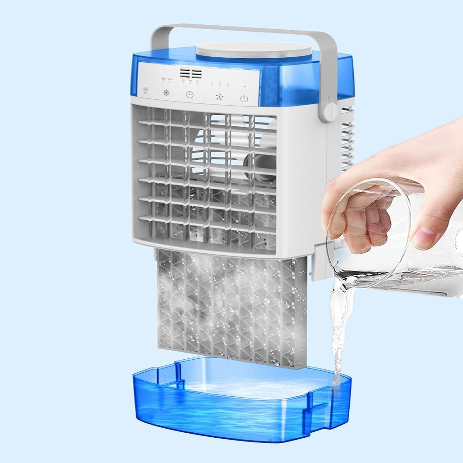 Desktop Air Cooling Fan Portable 3-Speed w Remote 7-Color LED Light Blue Mini AC
