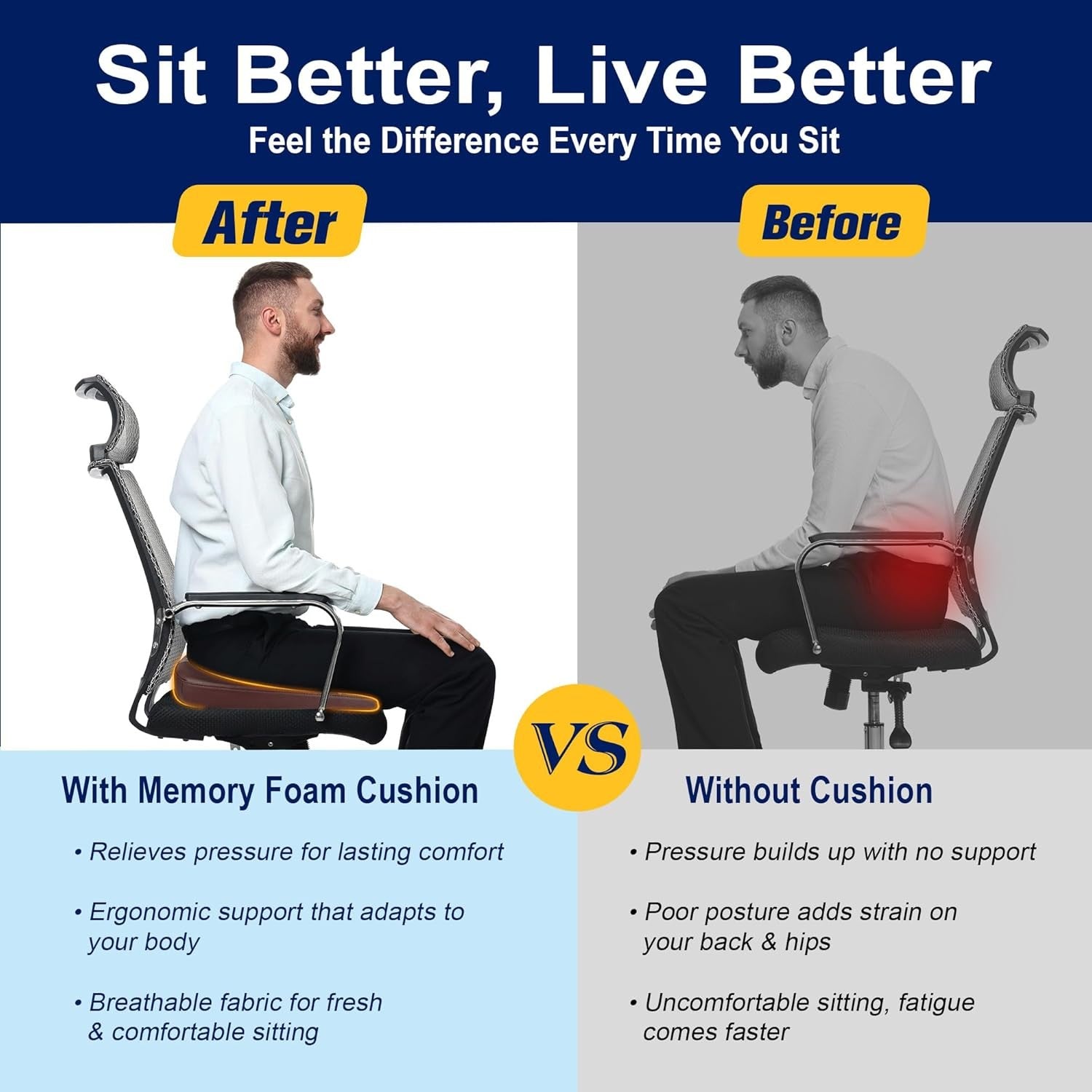 Memory Foam Seat Cushion Height Booster Coccyx Back Pain Relief