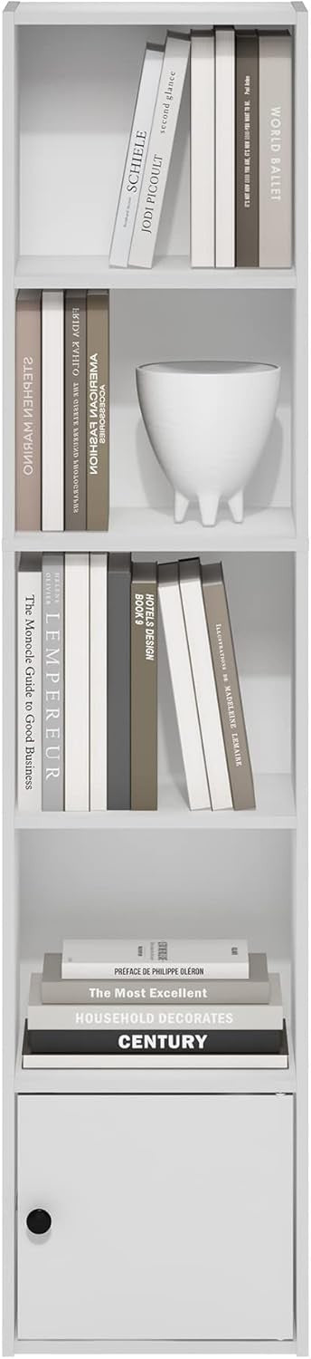 5-Tier White Bookshelf with 1 Door Storage Cabinet Modern Display Shelf