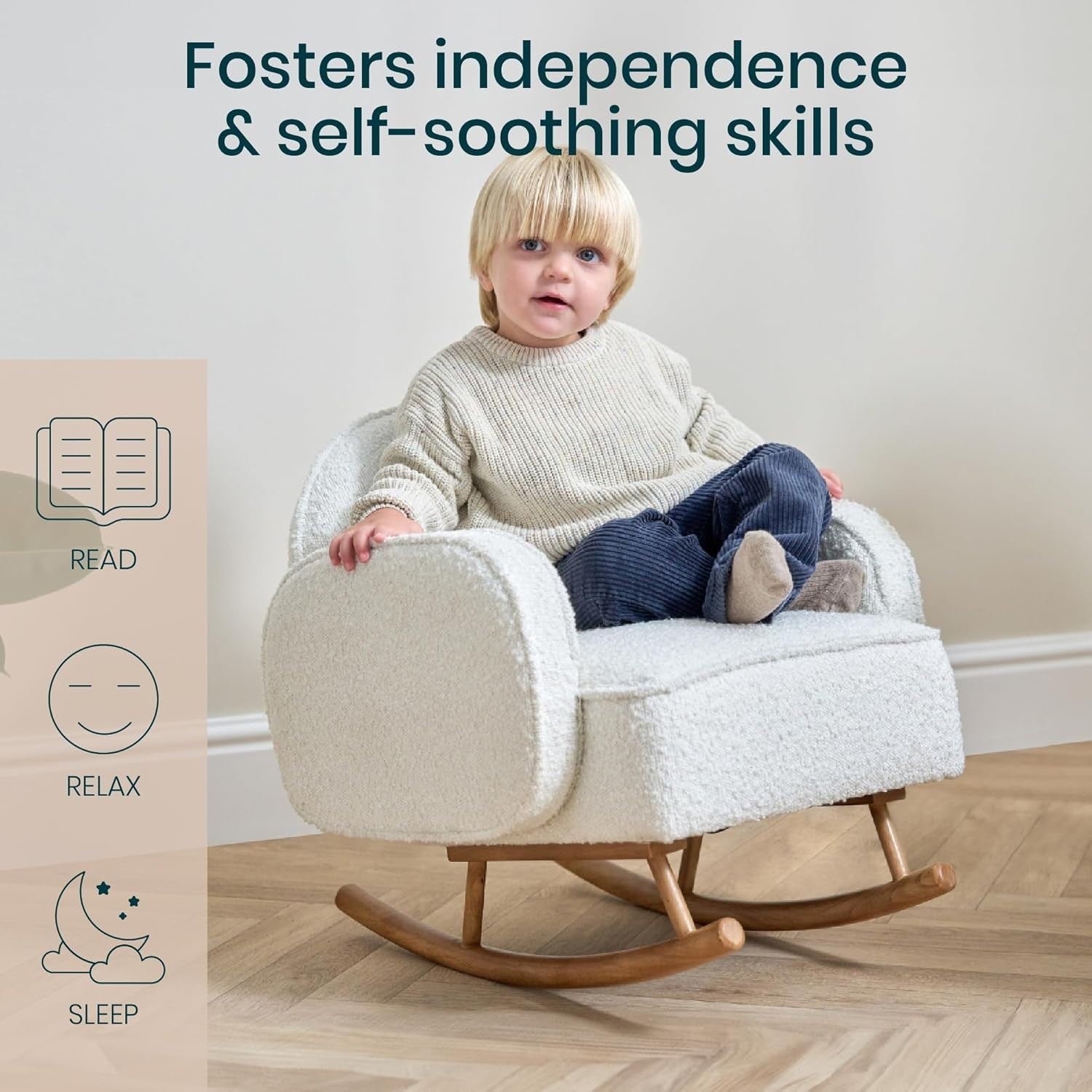 Kids Rocking Chair with Soft Bouclé, Rubberwood Frame, Toddler Safe