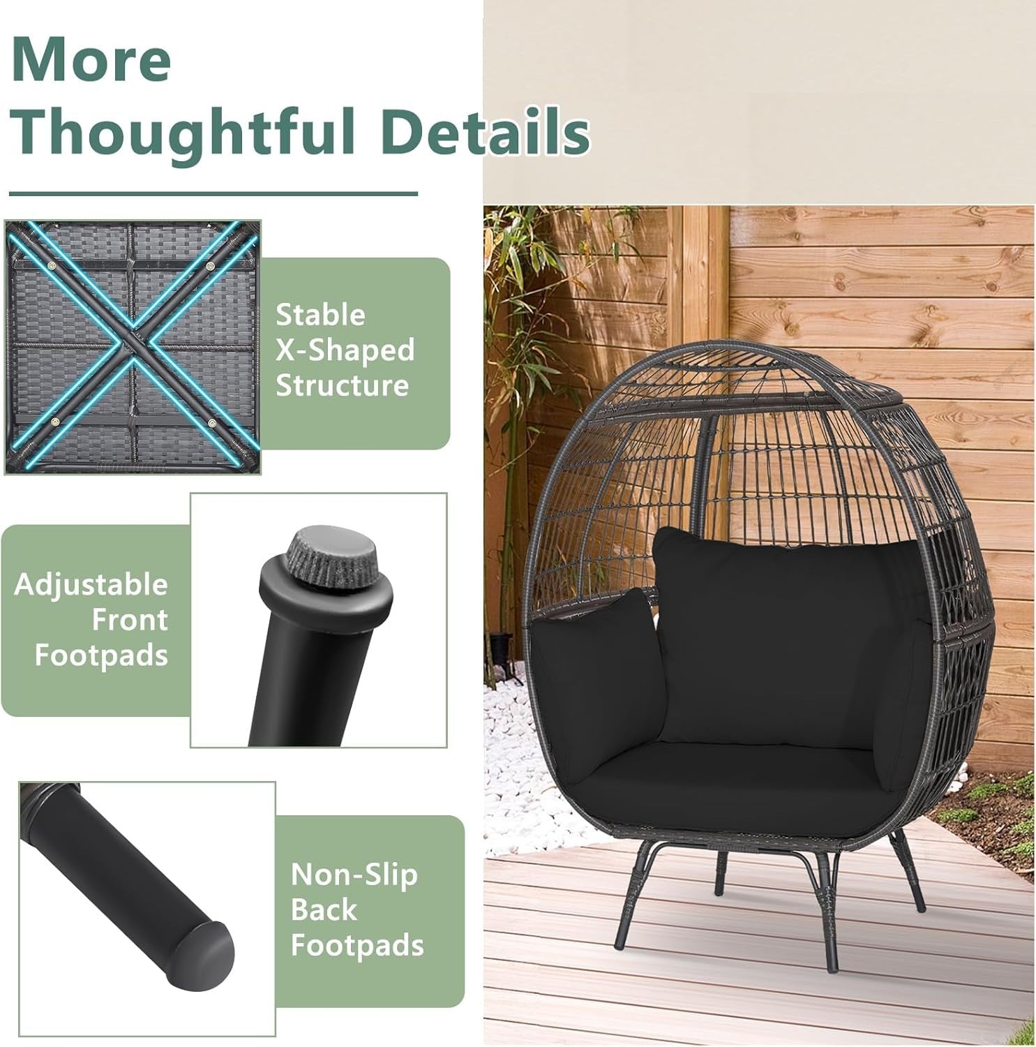 Black Two Seater Rattan Egg Chair Oversized Cushioned Freestanding Lounger