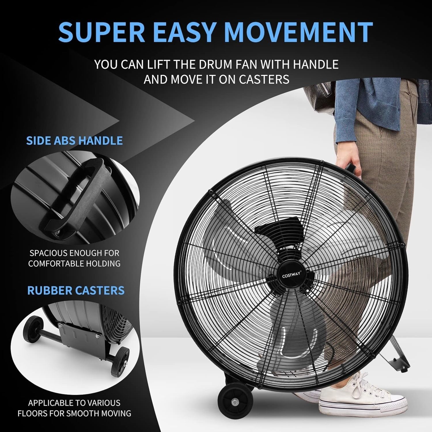 Large 24-Inch Industrial Drum Fan – 3 Speed Metal Floor Cooling Fan with Wheels