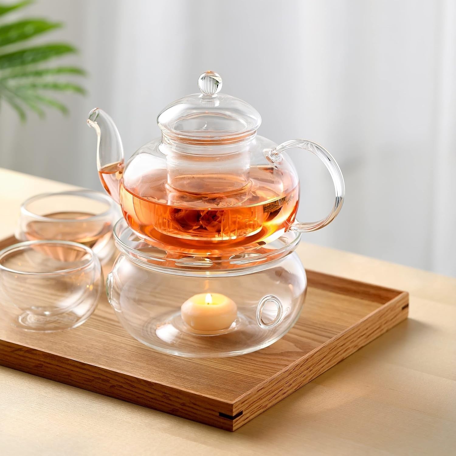 Glass Teapot Set 1000ml with Infuser Tea Warmer & 4 Teacups