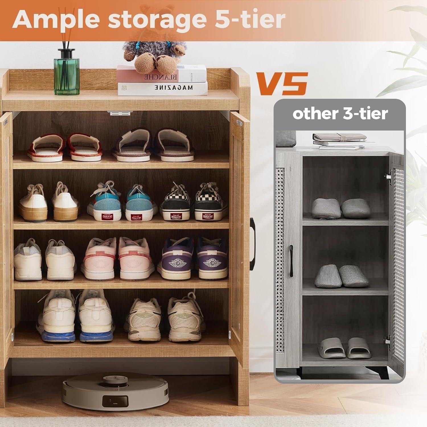 5-Layer Rattan Shoe Cabinet Adjustable Shelves Sturdy Storage 68x38x88cm