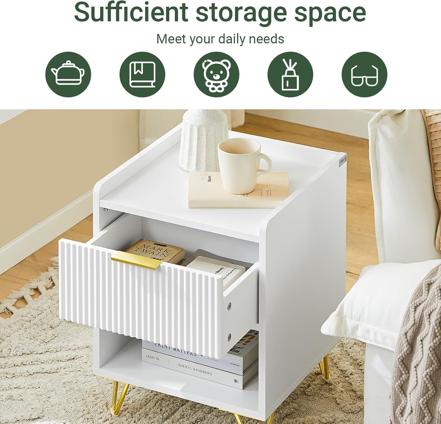 White Bedside Table with Drawer & Shelf – Modern Gold Leg Nightstand