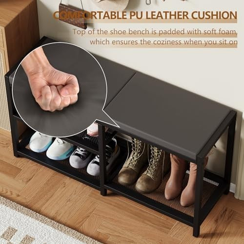 Black 35"L Shoe Bench with Cushion & Alloy Steel Frame, Storage Seat